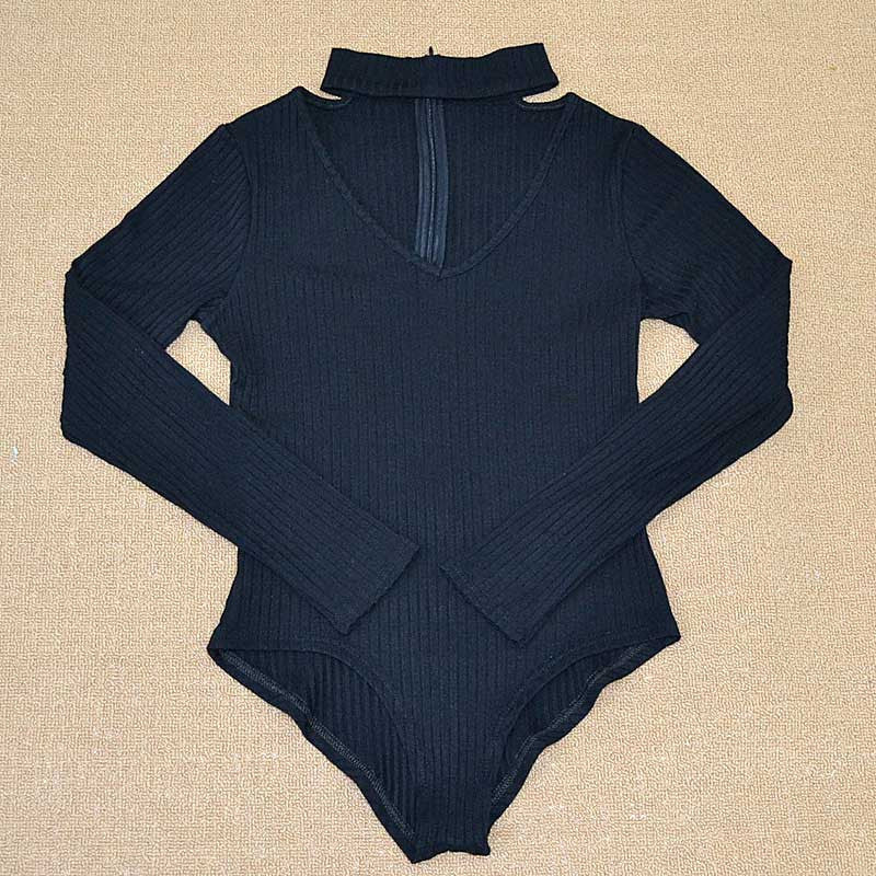 Sexy Choker High Neck Plunge V Long Sleeve Shoulder Women Autumn Spring Ribbed Bodysuits Playsuits Rompers Jumpsuits-Dollar Bargains Online Shopping Australia