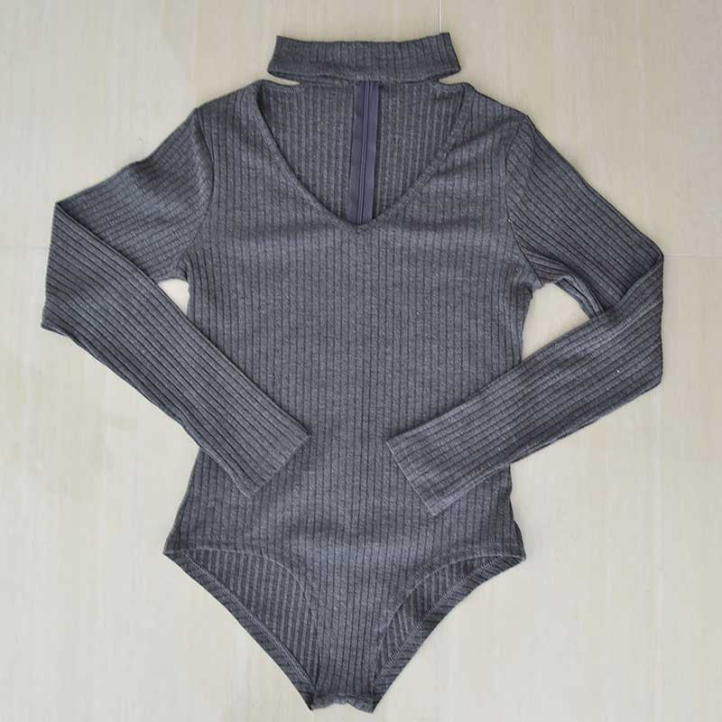 Sexy Choker High Neck Plunge V Long Sleeve Shoulder Women Autumn Spring Ribbed Bodysuits Playsuits Rompers Jumpsuits-Dollar Bargains Online Shopping Australia