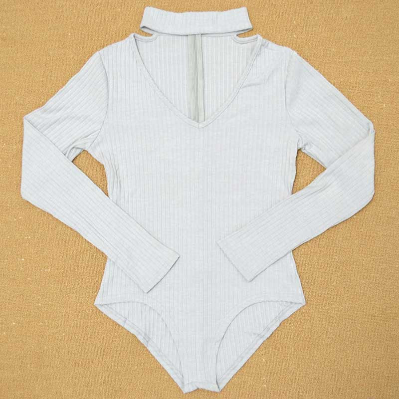 Sexy Choker High Neck Plunge V Long Sleeve Shoulder Women Autumn Spring Ribbed Bodysuits Playsuits Rompers Jumpsuits-Dollar Bargains Online Shopping Australia