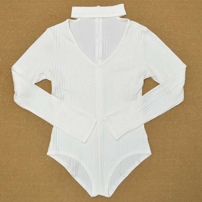 Sexy Choker High Neck Plunge V Long Sleeve Shoulder Women Autumn Spring Ribbed Bodysuits Playsuits Rompers Jumpsuits-Dollar Bargains Online Shopping Australia