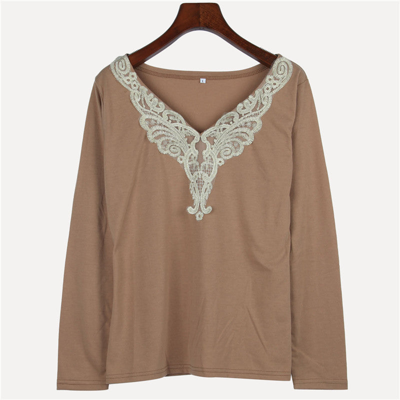 women's fashion Hollow lace collar Slim casual Long Sleeve shirt V-neck embroidered tops-Dollar Bargains Online Shopping Australia
