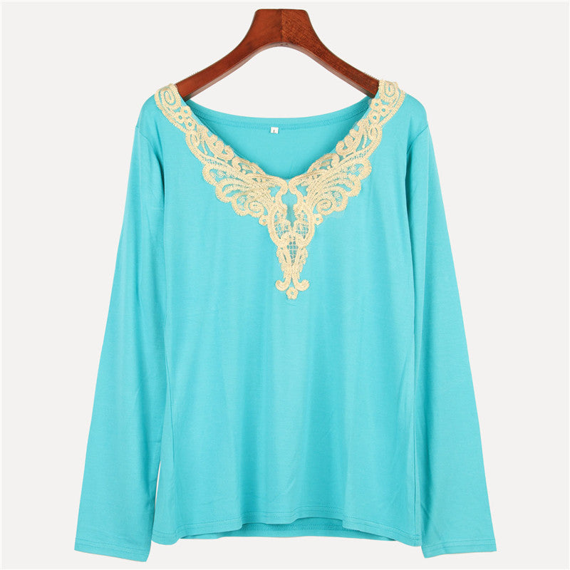 women's fashion Hollow lace collar Slim casual Long Sleeve shirt V-neck embroidered tops-Dollar Bargains Online Shopping Australia