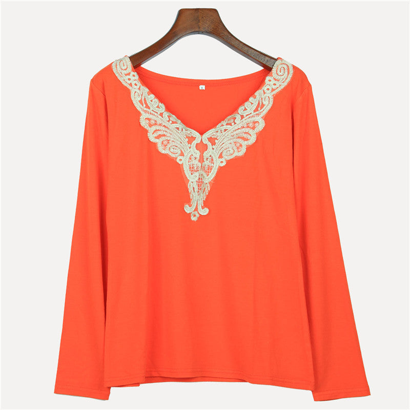 women's fashion Hollow lace collar Slim casual Long Sleeve shirt V-neck embroidered tops-Dollar Bargains Online Shopping Australia
