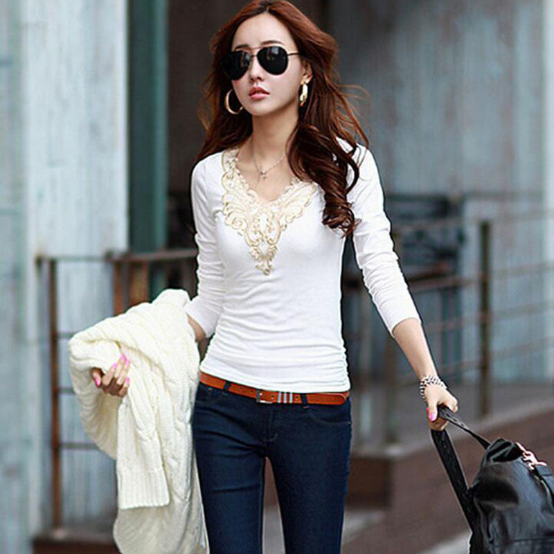 women's fashion Hollow lace collar Slim casual Long Sleeve shirt V-neck embroidered tops-Dollar Bargains Online Shopping Australia