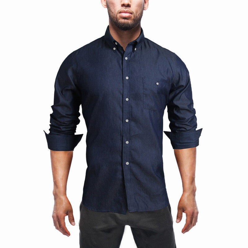 Men's Denim Shirts Long Sleeve Turn-down Collar Fashion Slim Fit Style Dark Jeans Men Shirt European Size DHY3151 - CelebritystyleFashion.com.au online clothing shop australia