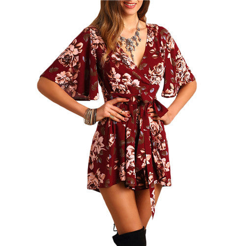 Shorts Rompers Womens Jumpsuits Summer Ladies Red Sexy Deep V Neck Short Sleeve Floral Tie Waist Casual Jumpsuit-Dollar Bargains Online Shopping Australia