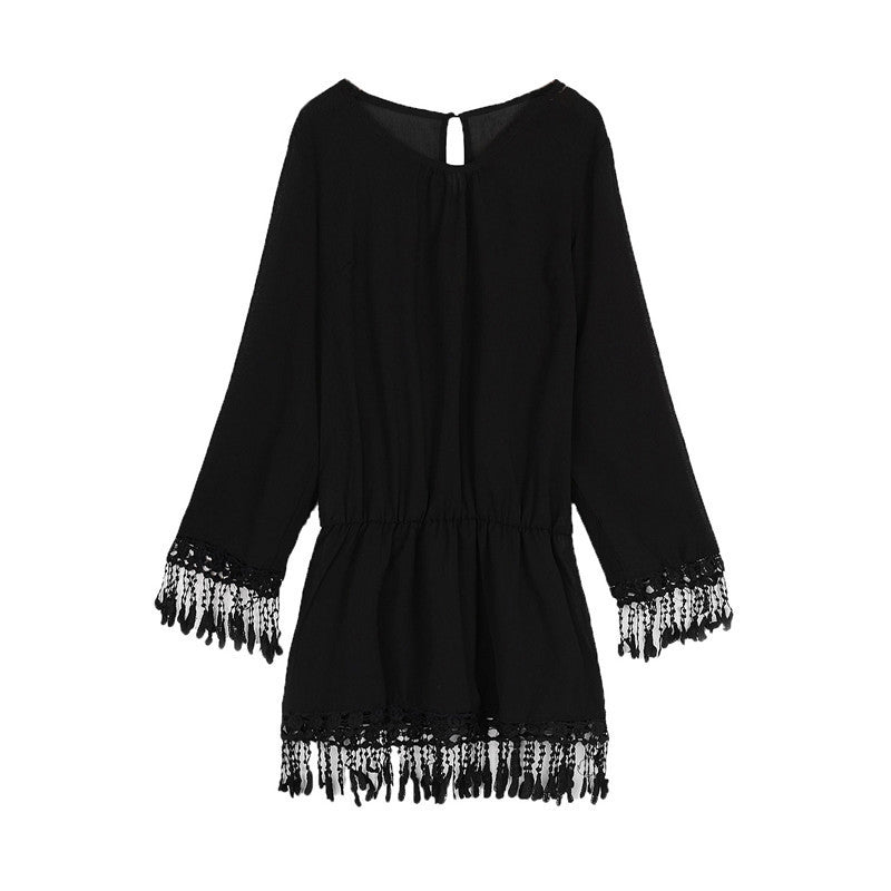 Summer Style Sexy Women Dress O Neck Lace Tassel Chiffon Mini Dresses Casual Loose Short Party Vestidos Bohemian Beach Robe-Dollar Bargains Online Shopping Australia