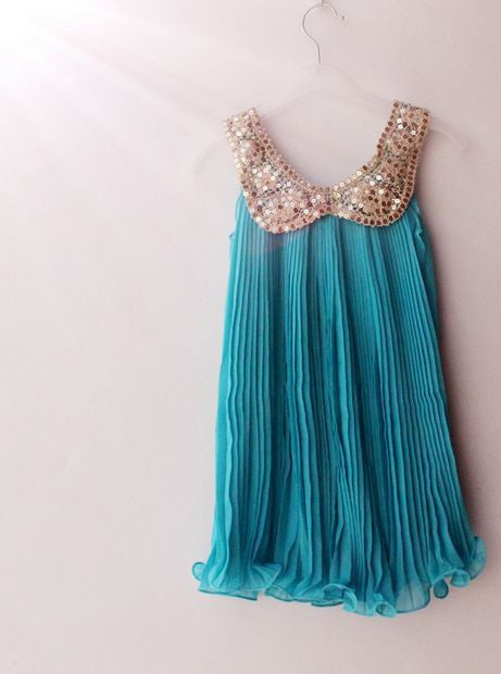 Summer Girls Pleated Chiffon One-Piece Dress With Paillette Collar Children Colthes For Kids Baby, Pink/Green - CelebritystyleFashion.com.au online clothing shop australia