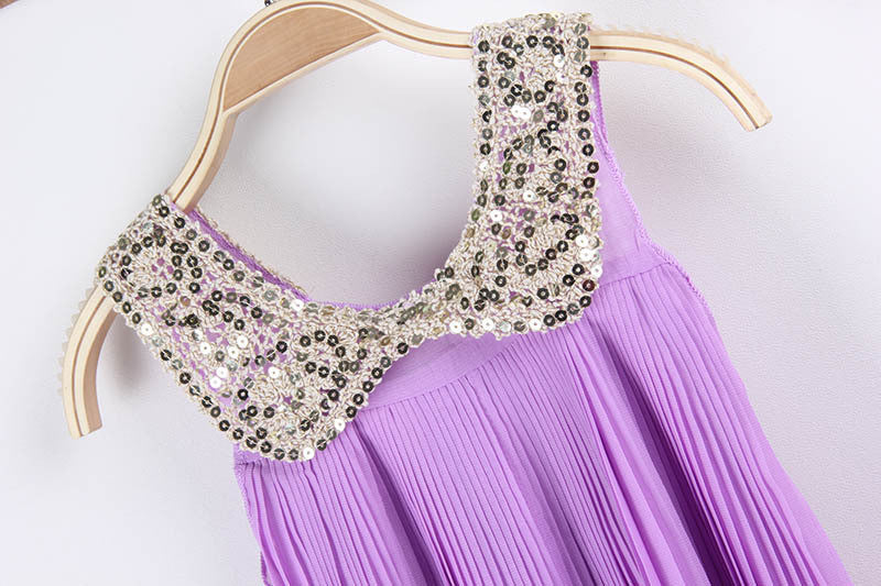 Summer Girls Pleated Chiffon One-Piece Dress With Paillette Collar Children Colthes For Kids Baby, Pink/Green - CelebritystyleFashion.com.au online clothing shop australia