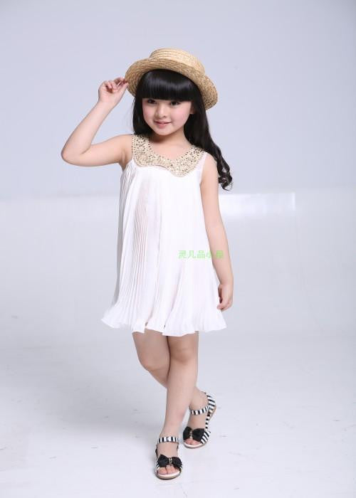 Summer Girls Pleated Chiffon One-Piece Dress With Paillette Collar Children Colthes For Kids Baby, Pink/Green - CelebritystyleFashion.com.au online clothing shop australia