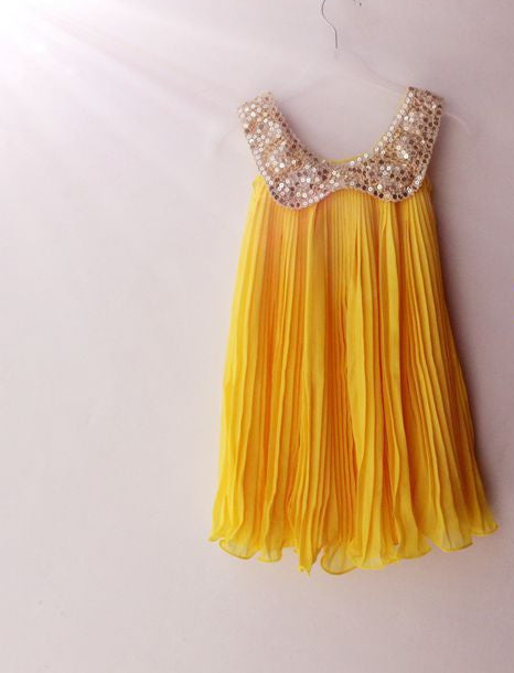 Summer Girls Pleated Chiffon One-Piece Dress With Paillette Collar Children Colthes For Kids Baby, Pink/Green - CelebritystyleFashion.com.au online clothing shop australia