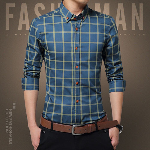 New Plaid Shirt Men Fashion Casual Long Sleeve Turn-Down Slim Fit Shirt Men High Quality Cotton Mens Dress Shirts Men Clothes - CelebritystyleFashion.com.au online clothing shop australia