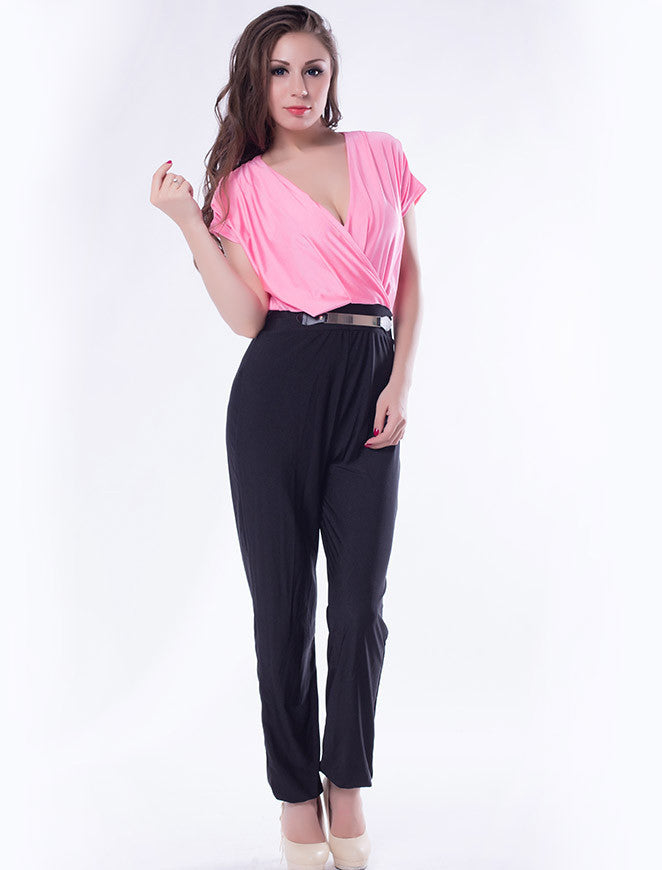 solid v-neck full length bodysuit high quality belted high-waist romper elegant jumpsuit - CelebritystyleFashion.com.au online clothing shop australia