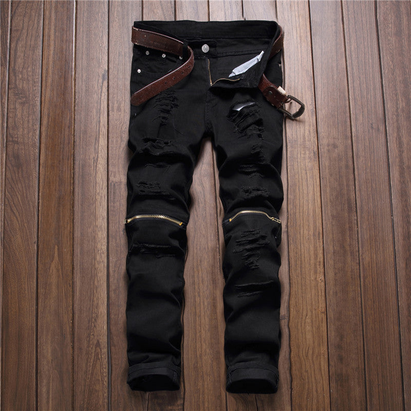 Red White Black Ripped Denim Pant Knee Hole Zipper Biker Jeans Men Slim Skinny Destroyed Torn Jean Pants fear of god jeans - CelebritystyleFashion.com.au online clothing shop australia