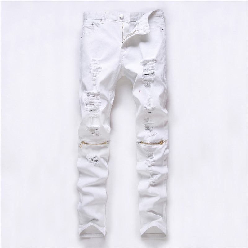 Red White Black Ripped Denim Pant Knee Hole Zipper Biker Jeans Men Slim Skinny Destroyed Torn Jean Pants fear of god jeans - CelebritystyleFashion.com.au online clothing shop australia