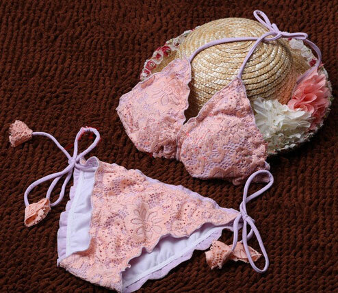 Sexy Lace Floral Mesh Hollow Out Women Bikini Cut Bikinis Retro Swimwear Brazilian Biquinis Strap Bandage Swimsuits - CelebritystyleFashion.com.au online clothing shop australia