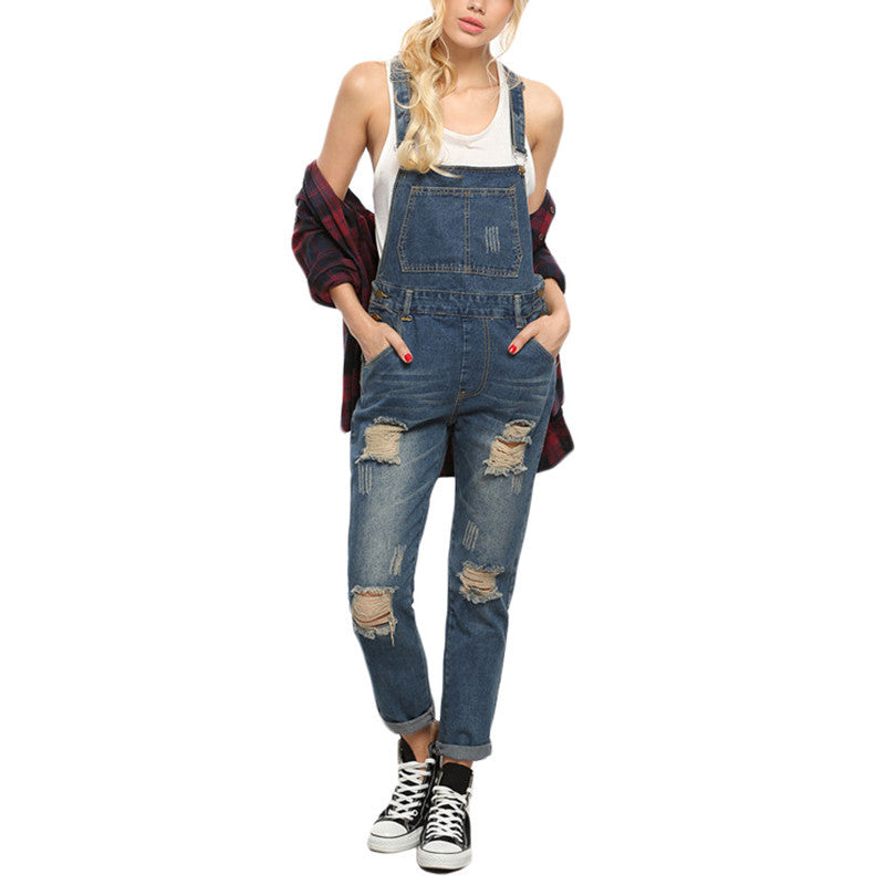Women Rompers and Jumpsuits for Summer New Casual Sleeveless Straps Ripped Blue Denim Pockets Overall Jumpsuit - CelebritystyleFashion.com.au online clothing shop australia