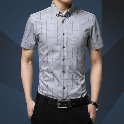 Casual Men Shirt New Plaid Short-sleeved Men's Shirts Slim Fit Cotton Fashion Social Chemise Homme 5XL MC0369 - CelebritystyleFashion.com.au online clothing shop australia