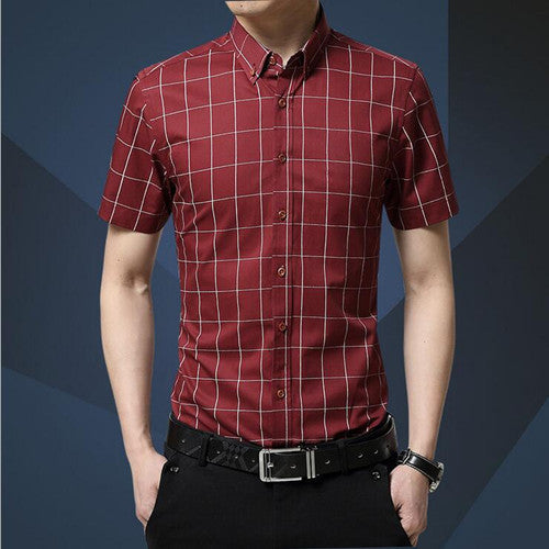 Casual Men Shirt New Plaid Short-sleeved Men's Shirts Slim Fit Cotton Fashion Social Chemise Homme 5XL MC0369 - CelebritystyleFashion.com.au online clothing shop australia