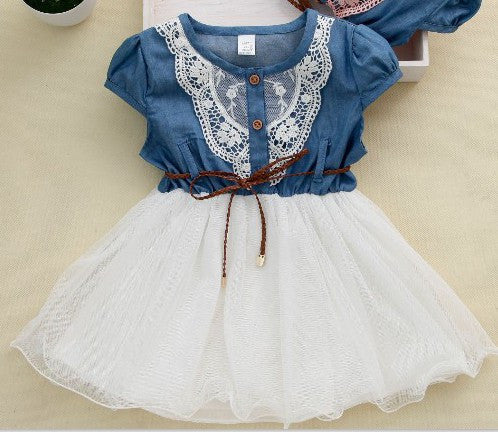 fashion Girls baby Lace Belt tutu cowboy dress children Patchwork mesh dresses for girl-Dollar Bargains Online Shopping Australia