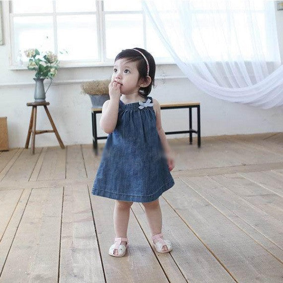 Summer Cute Blue Solid Bow Cowboy Dress Children Kids Girls Strap Jean Denim Knee-Length Dresses - CelebritystyleFashion.com.au online clothing shop australia