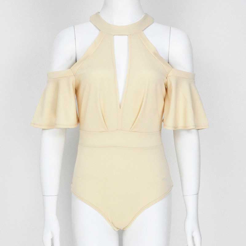 Sexy Choker High Neck Plunge V Keyhole Ruffle Sleeve Cut out Shoulder Women Bodysuits Playsuits Rompers Jumpsuits-Dollar Bargains Online Shopping Australia