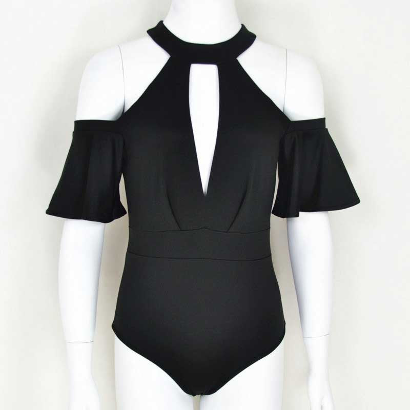 Sexy Choker High Neck Plunge V Keyhole Ruffle Sleeve Cut out Shoulder Women Bodysuits Playsuits Rompers Jumpsuits-Dollar Bargains Online Shopping Australia