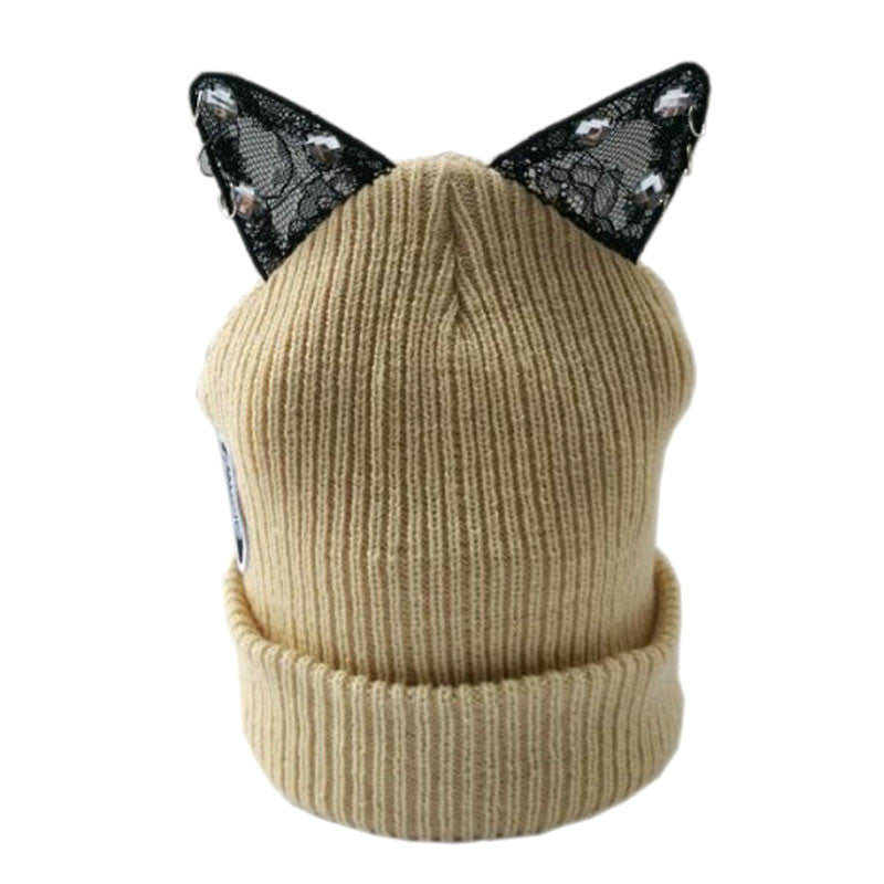 Winter Beanie Devil Cat Ear Lace Diamond Hat Crochet Braided Gorro Elastic Knitted Warm Ski Cap Beret Women Beanies 1MZ0500 - CelebritystyleFashion.com.au online clothing shop australia