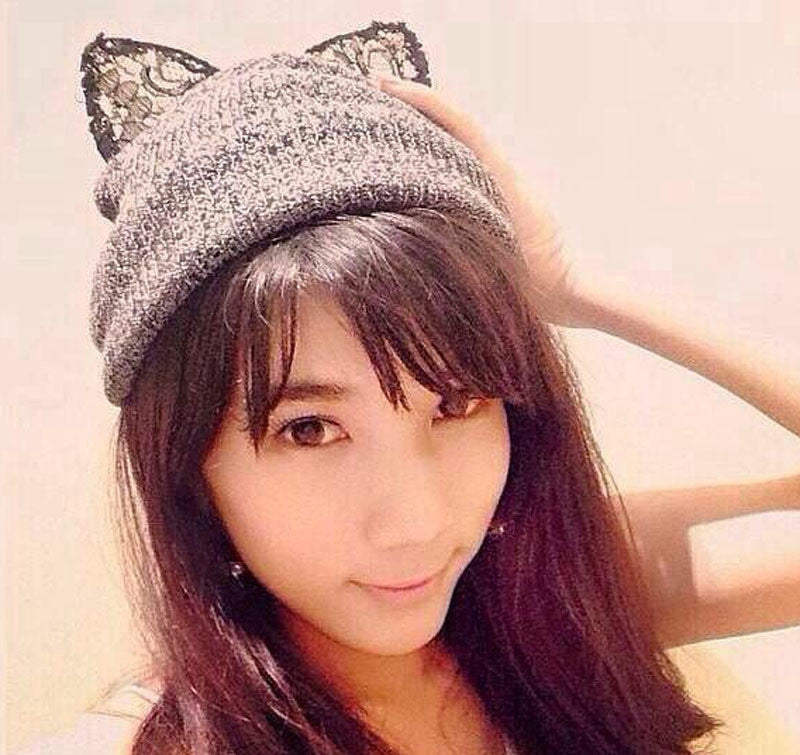 Winter Beanie Devil Cat Ear Lace Diamond Hat Crochet Braided Gorro Elastic Knitted Warm Ski Cap Beret Women Beanies 1MZ0500 - CelebritystyleFashion.com.au online clothing shop australia