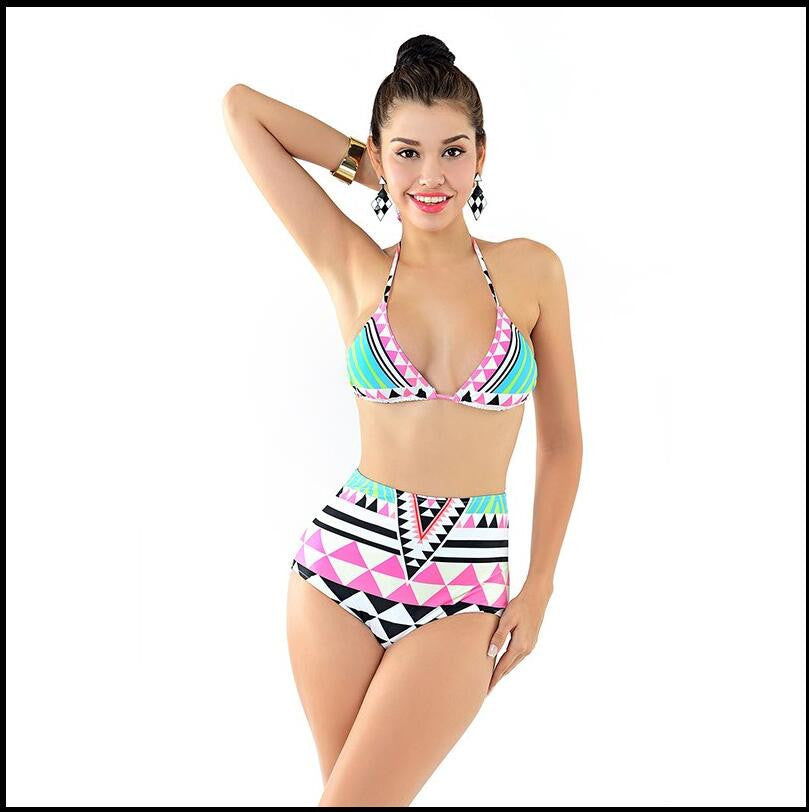 Sexy Aztec High neck cropped top swimsuit junior Bikini Brazilian Retro Print Biquini Bodycon Padded Halter Swimming Suit-Dollar Bargains Online Shopping Australia