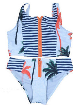 New Print Floral Palm Tree Bikini Set,High Neck Tank Zipper Striped Swimsuit Padded Bra High Waist Swimwear Vintage Bathing Suit - CelebritystyleFashion.com.au online clothing shop australia