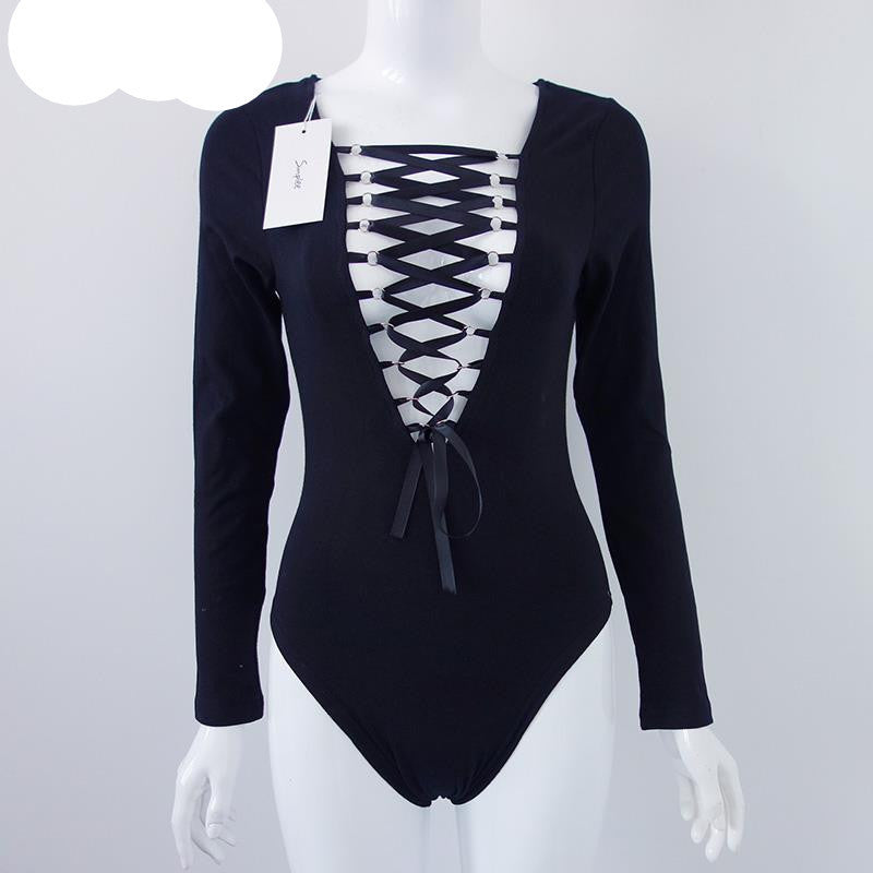 Simplee Apparel Sexy deep v neck lace up black jumpsuit romper Women elastic slim long sleeve tops Casual cami short bodysuit-Dollar Bargains Online Shopping Australia