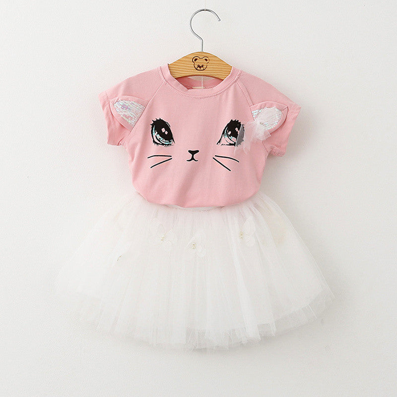 Girls Dress Summer Fashion Style Cartoon Cute Little White Cartoon Dress Kitten Printed Dress - CelebritystyleFashion.com.au online clothing shop australia