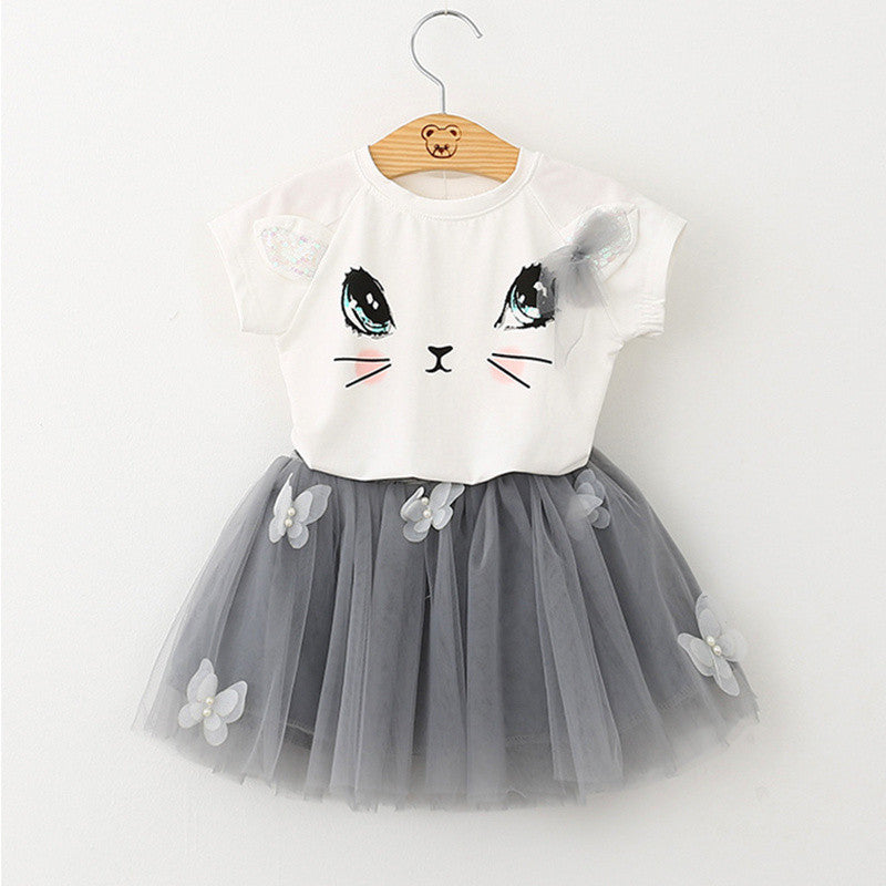 Girls Dress Summer Fashion Style Cartoon Cute Little White Cartoon Dress Kitten Printed Dress - CelebritystyleFashion.com.au online clothing shop australia
