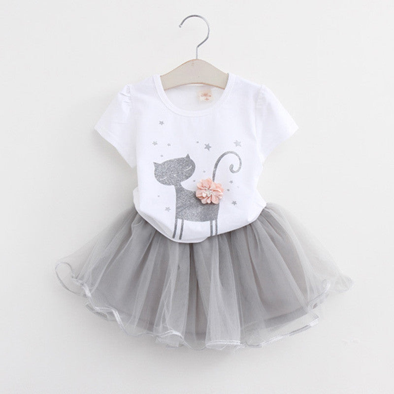 Girls Dress Summer Fashion Style Cartoon Cute Little White Cartoon Dress Kitten Printed Dress - CelebritystyleFashion.com.au online clothing shop australia