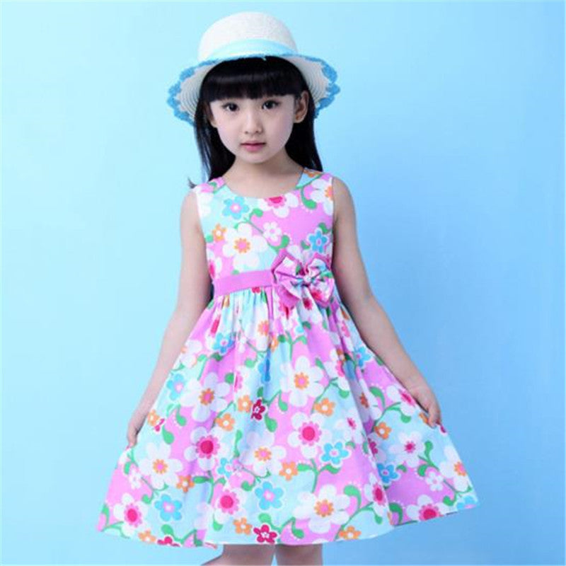 New Brand Girls Dress Summer Floral Big Bow Cotton Sleeveless Kids Flower Sundress Party Birthday Lovely Girls Clothes - CelebritystyleFashion.com.au online clothing shop australia