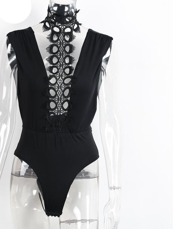 Glamaker Slim eyelash lace halter v neck bodysuit Sleeveless elegant jumpsuit romper Party backless top women outfits-Dollar Bargains Online Shopping Australia