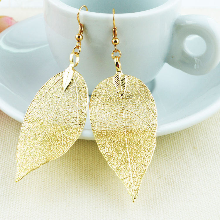 Fashion 18K Gold And Silver Plated Big Statement Long Drop Earrings Dipping Natural Real Leaf Earrings For Women - CelebritystyleFashion.com.au online clothing shop australia