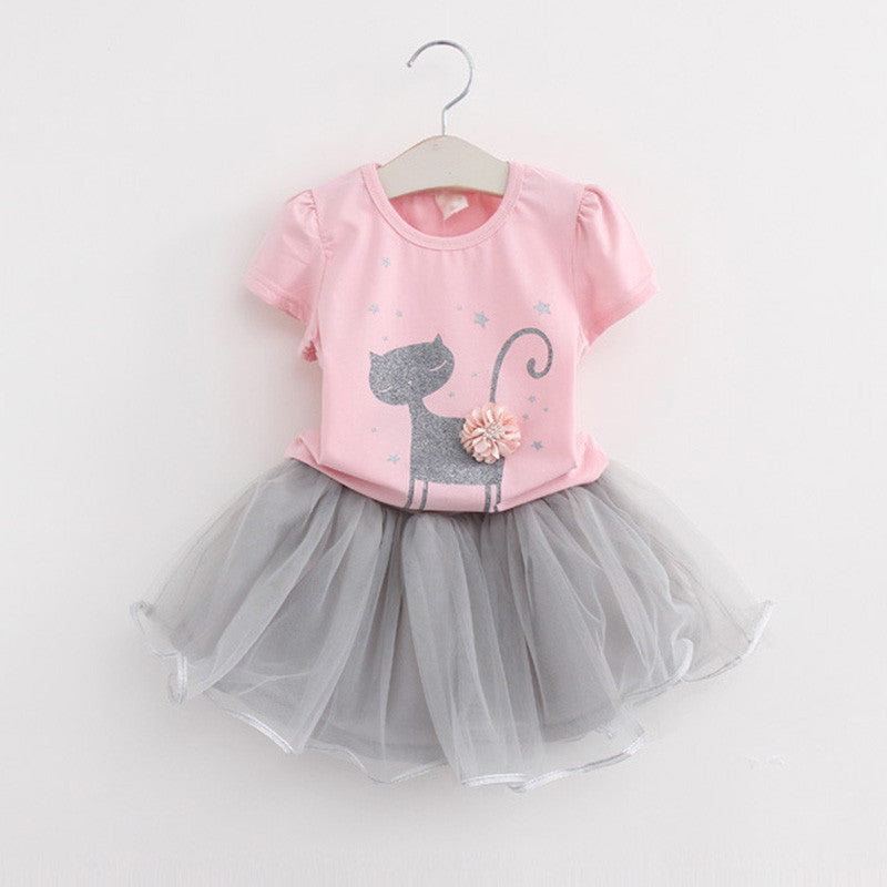 Keelorn Girls Dress Brand Kids Clothes White Cartoon Short Sleeve T-Shirt+Veil Dress 2Pcs baby girl clothes for 2-6Y - CelebritystyleFashion.com.au online clothing shop australia