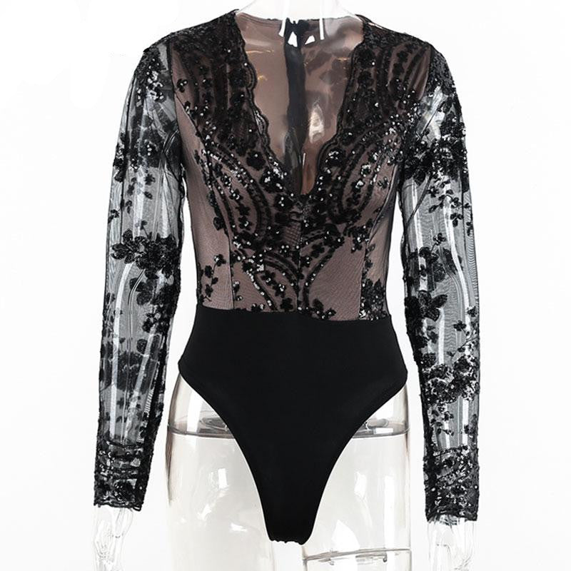 Simplee Apparel Golden sequin mesh bodysuit for women Transparent sleeve leotard bodysuit top V neck elegant jumpsuit romper-Dollar Bargains Online Shopping Australia