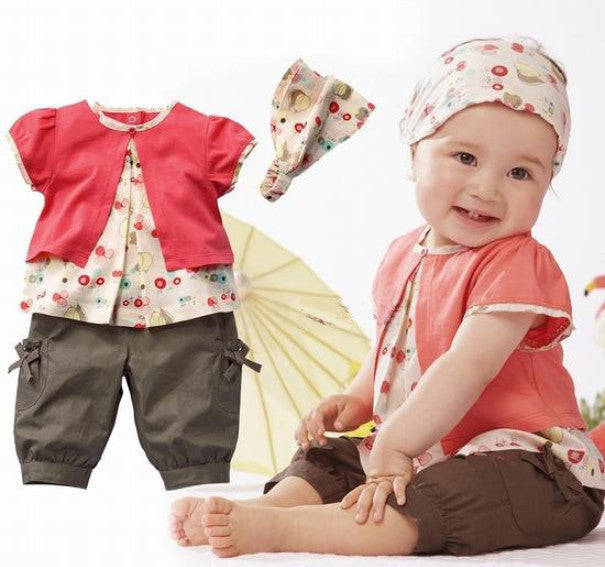 Baby Girl Clothing Flower Print Short Sleeve Tshirt Pant Headband 3 PCS Set Summer Baby Girl Clothes Set Purple Roupa De Bebe - CelebritystyleFashion.com.au online clothing shop australia