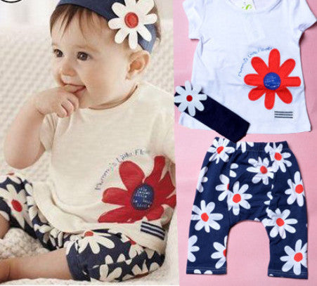 Baby Girl Clothing Flower Print Short Sleeve Tshirt Pant Headband 3 PCS Set Summer Baby Girl Clothes Set Purple Roupa De Bebe - CelebritystyleFashion.com.au online clothing shop australia