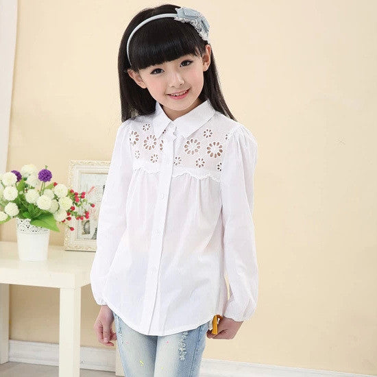 children's clothing brand cotton peter pan collar long-sleeve shirt white lace decoration girls blouses - CelebritystyleFashion.com.au online clothing shop australia