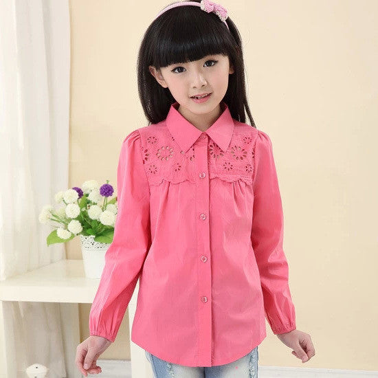 children's clothing brand cotton peter pan collar long-sleeve shirt white lace decoration girls blouses - CelebritystyleFashion.com.au online clothing shop australia
