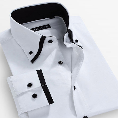 Autumn Men's Double-collar Long-Sleeved Solid Dress Shirts Cotton Blend Classic-fit Button Down Business Formal Plain Shirt - CelebritystyleFashion.com.au online clothing shop australia