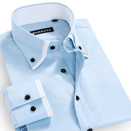 Autumn Men's Double-collar Long-Sleeved Solid Dress Shirts Cotton Blend Classic-fit Button Down Business Formal Plain Shirt - CelebritystyleFashion.com.au online clothing shop australia