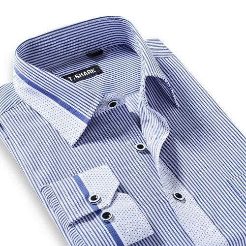 Men's Long Sleeve Light Blue/white Vertical Stripe Dress Shirt Regular-Fit Classic Turn-down Collar Business Formal Shirt - CelebritystyleFashion.com.au online clothing shop australia