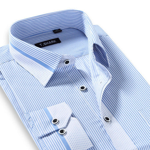 Men's Long Sleeve Light Blue/white Vertical Stripe Dress Shirt Regular-Fit Classic Turn-down Collar Business Formal Shirt - CelebritystyleFashion.com.au online clothing shop australia