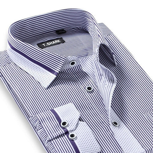 Men's Long Sleeve Light Blue/white Vertical Stripe Dress Shirt Regular-Fit Classic Turn-down Collar Business Formal Shirt - CelebritystyleFashion.com.au online clothing shop australia