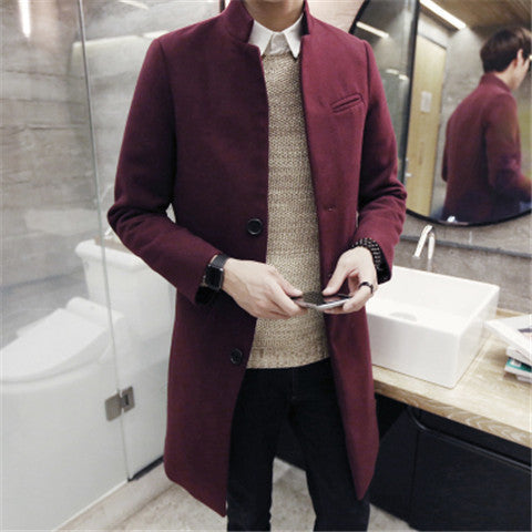 male winter stand collar single breasted brife slim Dust coat / men's solid color youyh pop plus velvet thick casual trench - CelebritystyleFashion.com.au online clothing shop australia